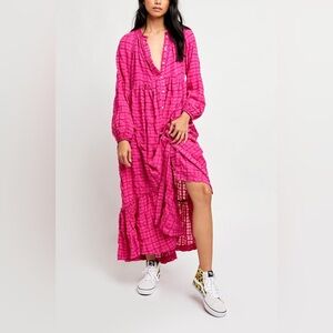 Free People Edie Maxi Dress Pink Boho Long Sleeve Tiered Size Small